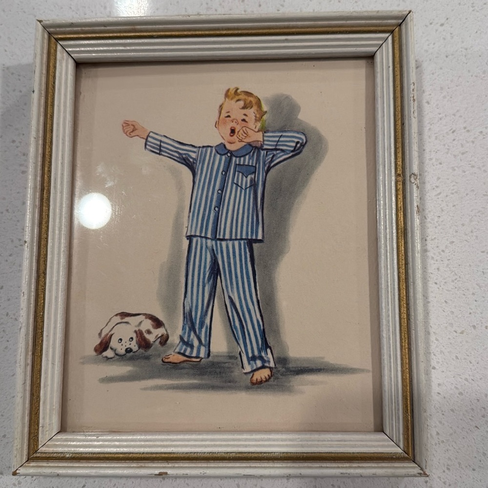 Vintage Lambert Products 1950s Sleepy Yawning Boy and Dog Framed Art Print